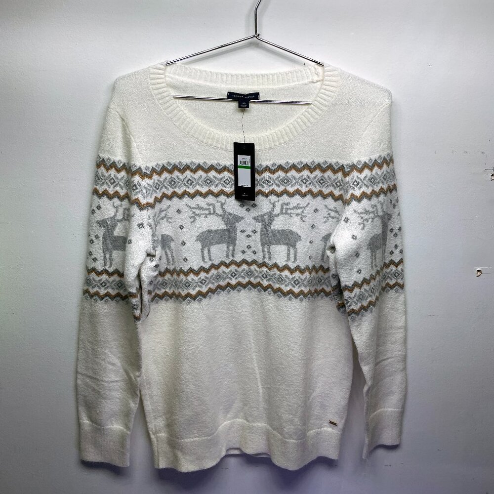 WOMEN'S TOMMY HILFIGER REINDEER SWEATER - WHITE - SIZE LARGE - NEW W/ TAGS